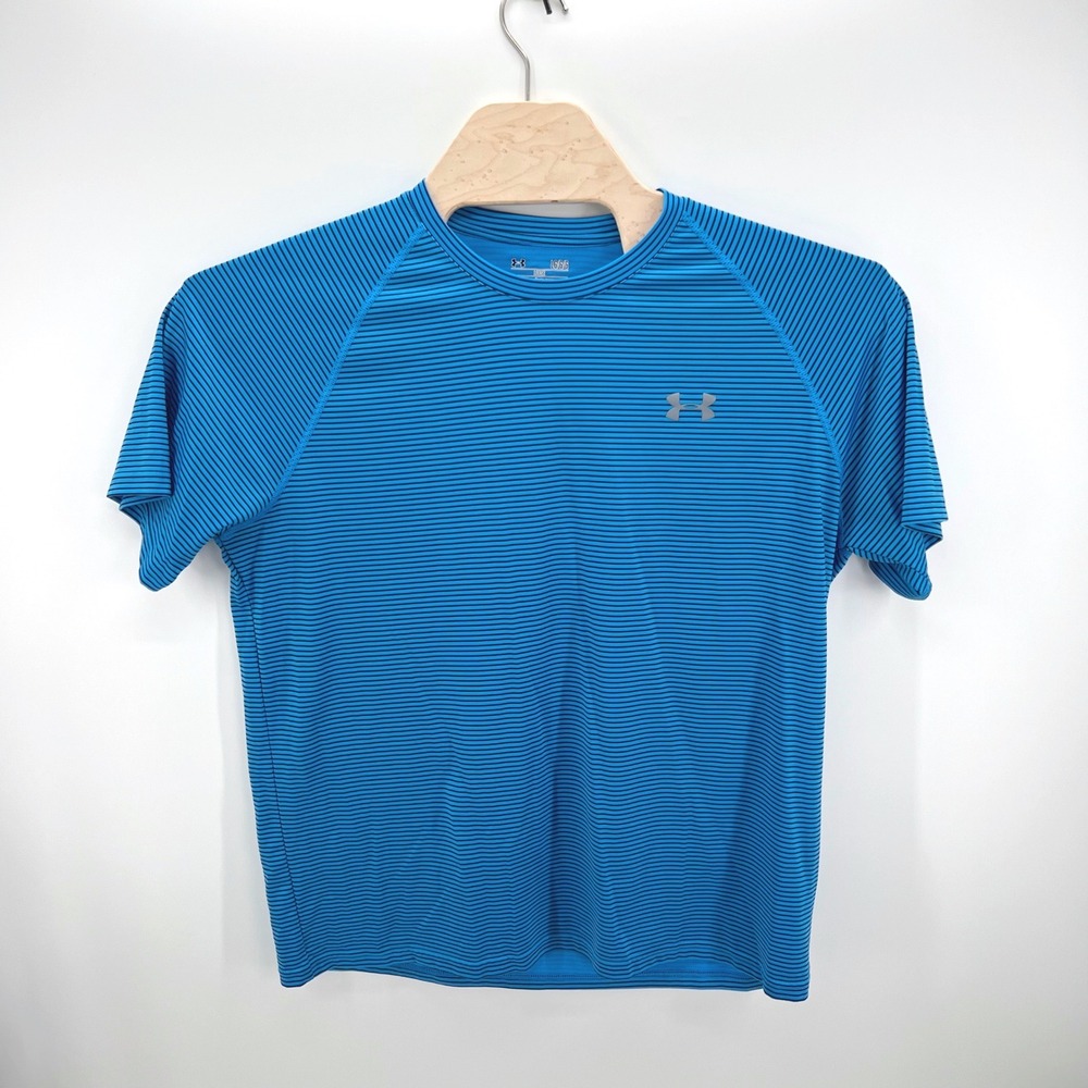 Under Armour Performance Shirt Mens Large Blue Striped HeatGear Loose Fit Raglan